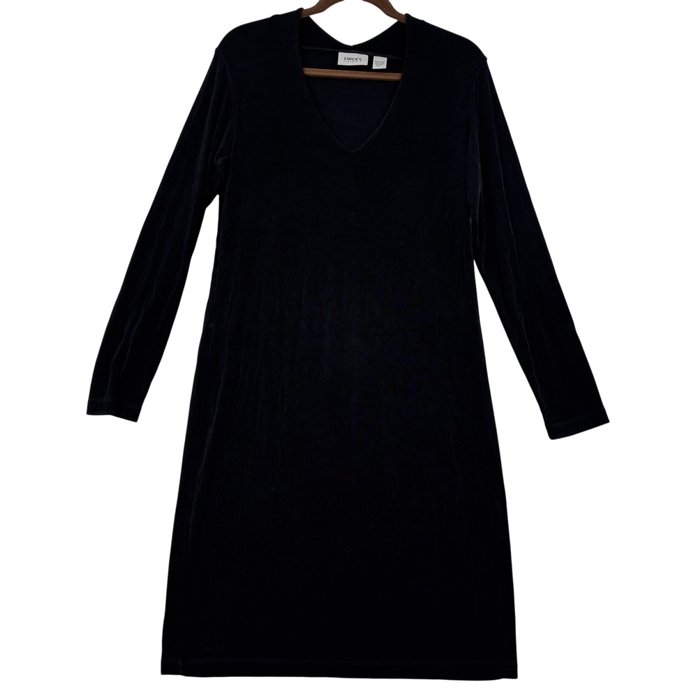 Chico's Travelers V-Neck Dress Size M Black Long Sleeve Slinky Knit Stretch